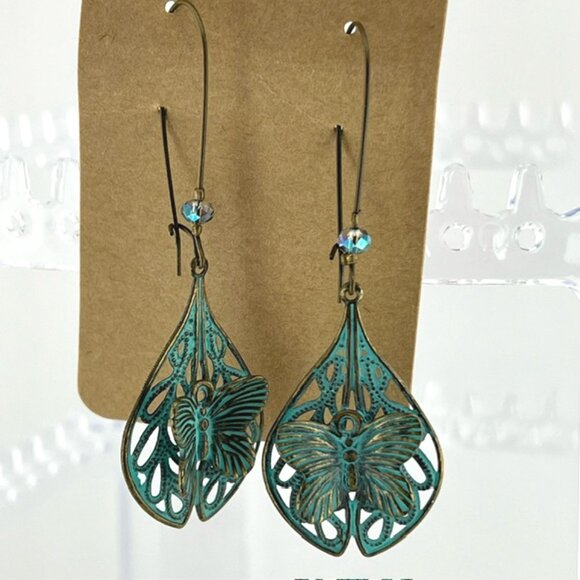 Patinaed-Metal Butterfly Filigree Drop Earrings - Picture 2 of 3